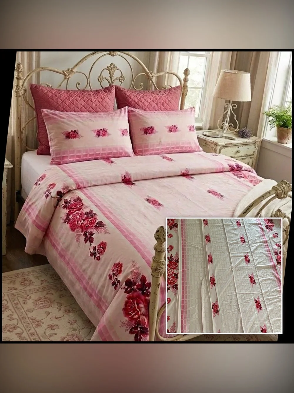 Vintage Cottagecore Pink Rose Flat Sheet 80x90 Full Double Shabby Chic Floral